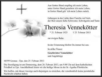 Anzeige von Theresia Vennekötter von Westfälische Nachrichten