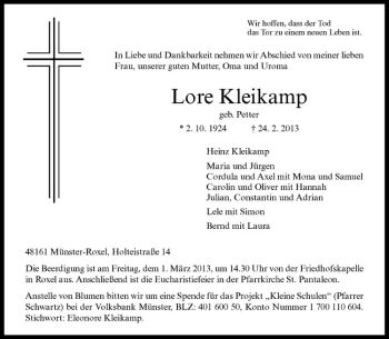 Anzeige von Lore Kleikamp von Westfälische Nachrichten