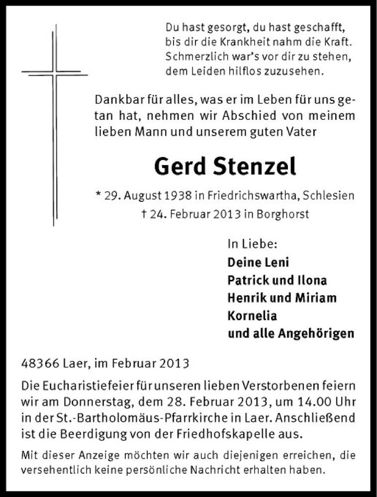 Traueranzeige für Gerd Stenzel vom 27.02.2013 aus Westfälische Nachrichten