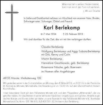 Anzeige von Karl Berlekamp von Westfälische Nachrichten