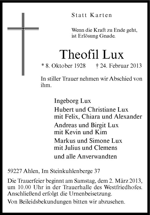  Traueranzeige für Theofil Lux vom 27.02.2013 aus Westfälische Nachrichten