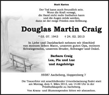 Anzeige von Douglas Martin Craig von Westfälische Nachrichten