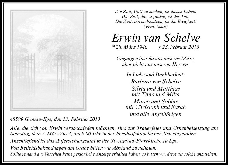  Traueranzeige für Erwin van Schelve vom 28.02.2013 aus Westfälische Nachrichten