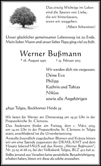 Anzeige von Werner Bußmann von Westfälische Nachrichten