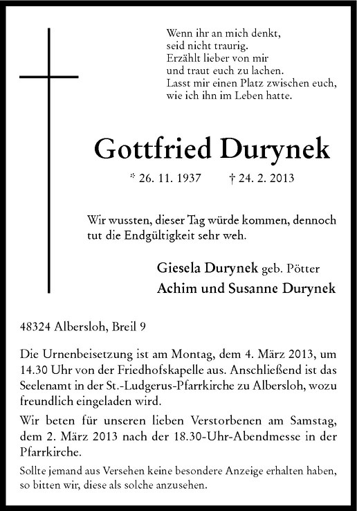  Traueranzeige für Gottfried Durynek vom 27.02.2013 aus Westfälische Nachrichten