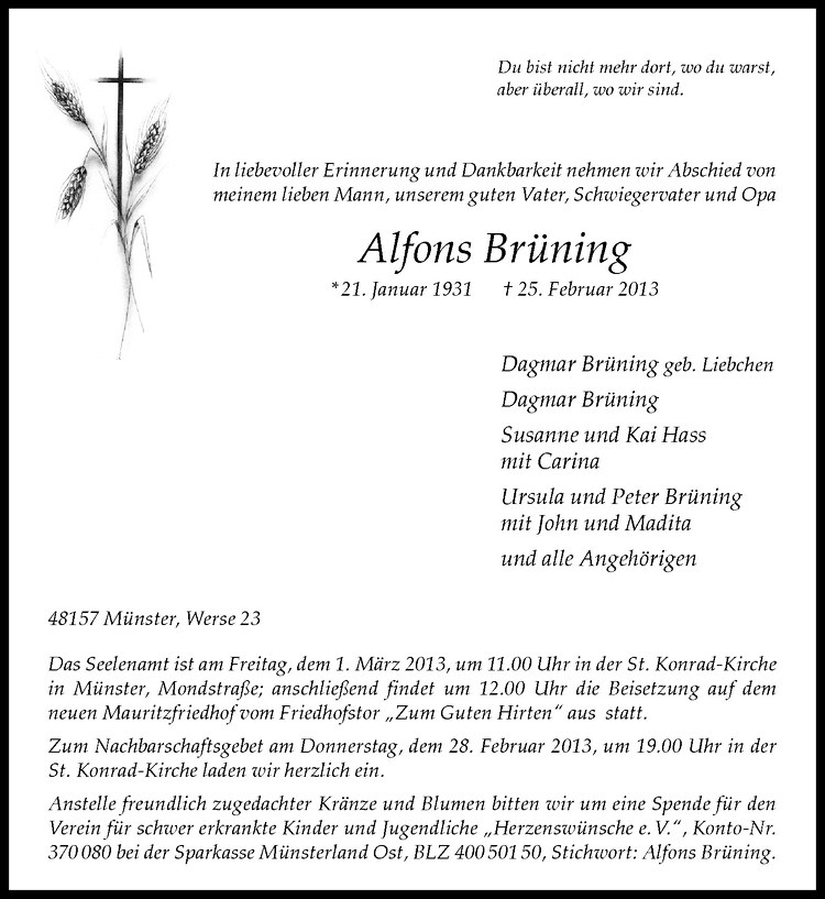  Traueranzeige für Alfons Brüning vom 27.02.2013 aus Westfälische Nachrichten