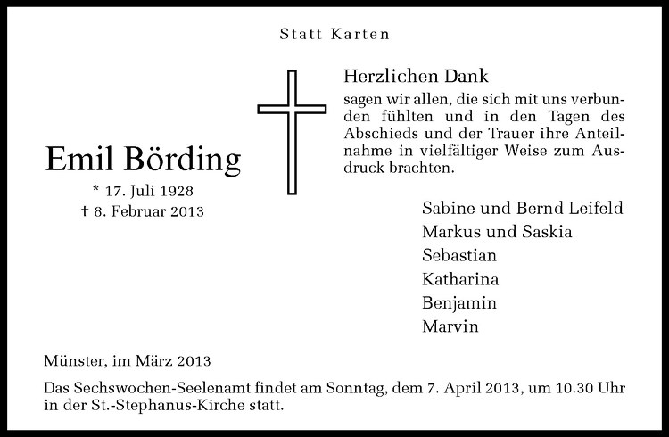  Traueranzeige für Emil Börding vom 08.03.2013 aus Westfälische Nachrichten