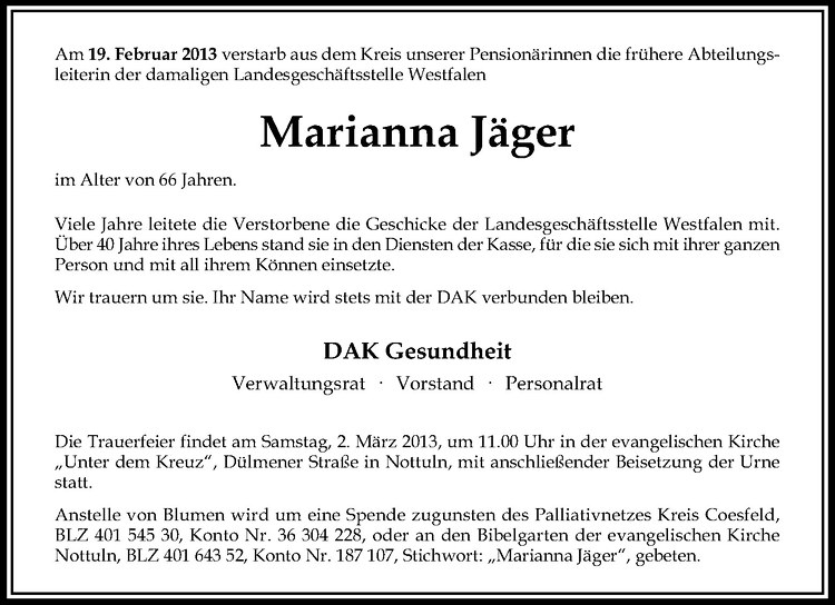  Traueranzeige für Marianna Jäger vom 28.02.2013 aus Westfälische Nachrichten