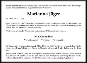 Anzeige von Marianna Jäger von Westfälische Nachrichten