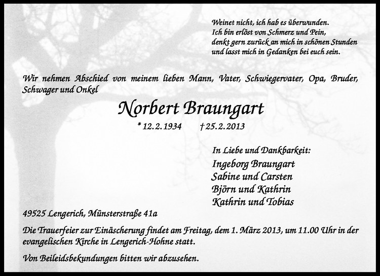  Traueranzeige für Norbert Braungart vom 28.02.2013 aus Westfälische Nachrichten