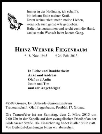 Anzeige von Heinz Werner Fiegenbaum von Westfälische Nachrichten