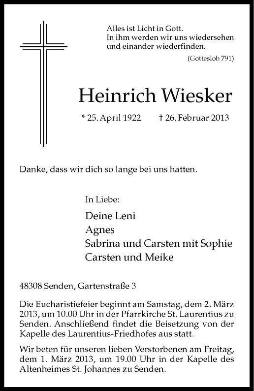  Traueranzeige für Heinrich Wiesker vom 28.02.2013 aus Westfälische Nachrichten