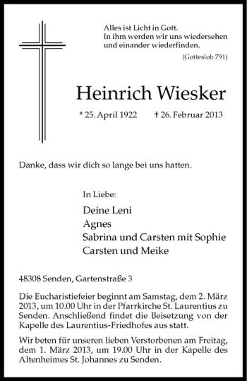 Anzeige von Heinrich Wiesker von Westfälische Nachrichten