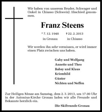 Anzeige von Franz Steens von Westfälische Nachrichten