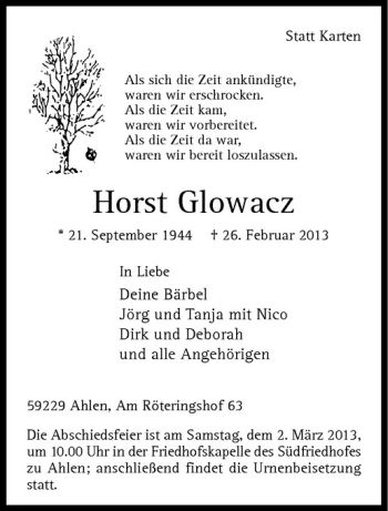 Anzeige von Horst Glowacz von Westfälische Nachrichten