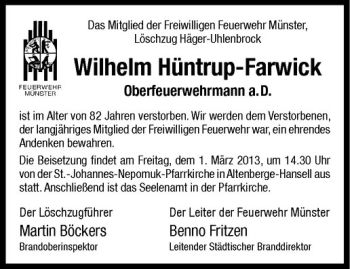 Anzeige von Wilhelm Hüntrup-Farwick von Westfälische Nachrichten