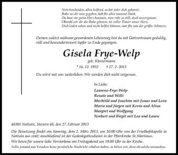 Anzeige von Gisela Frye-Welp von Westfälische Nachrichten