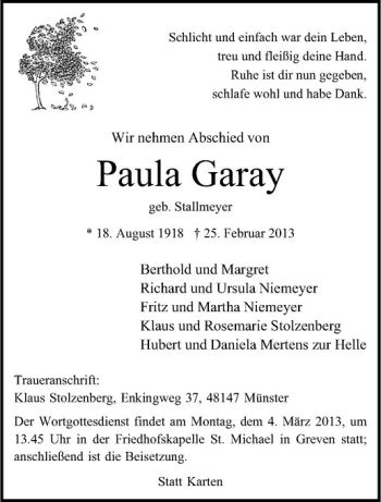 Anzeige von Paula Garay von Westfälische Nachrichten