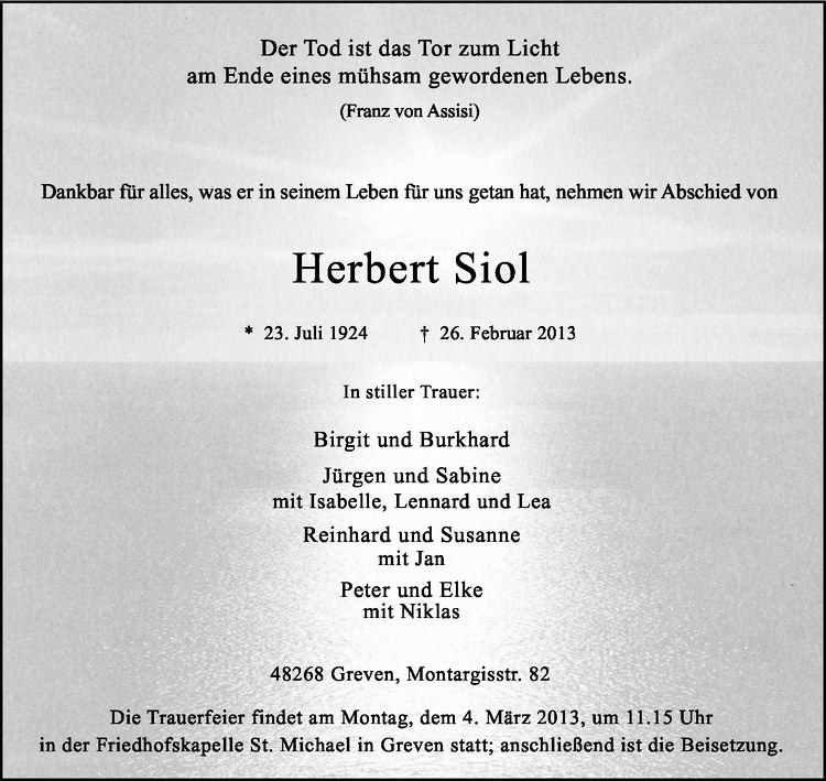  Traueranzeige für Herbert Siol vom 01.03.2013 aus Westfälische Nachrichten