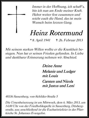 Anzeige von Heinz Rotermund von Westfälische Nachrichten