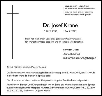 Anzeige von Josef Krane von Westfälische Nachrichten