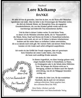 Anzeige von Lore Kleikamp von Westfälische Nachrichten