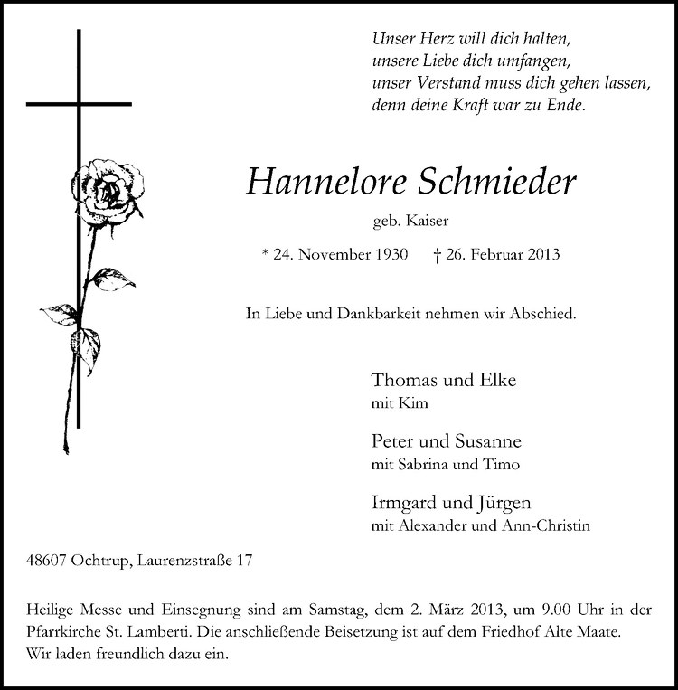  Traueranzeige für Hannelore Schmieder vom 01.03.2013 aus Westfälische Nachrichten