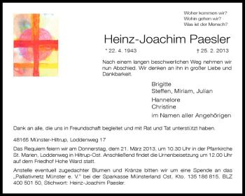 Anzeige von Heinz-Joachim Paesler von Westfälische Nachrichten