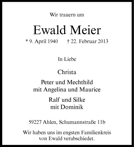  Traueranzeige für Ewald Meier vom 05.03.2013 aus Westfälische Nachrichten