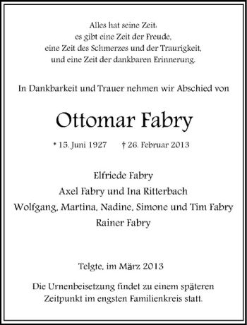 Anzeige von Ottomar Fabry von Westfälische Nachrichten