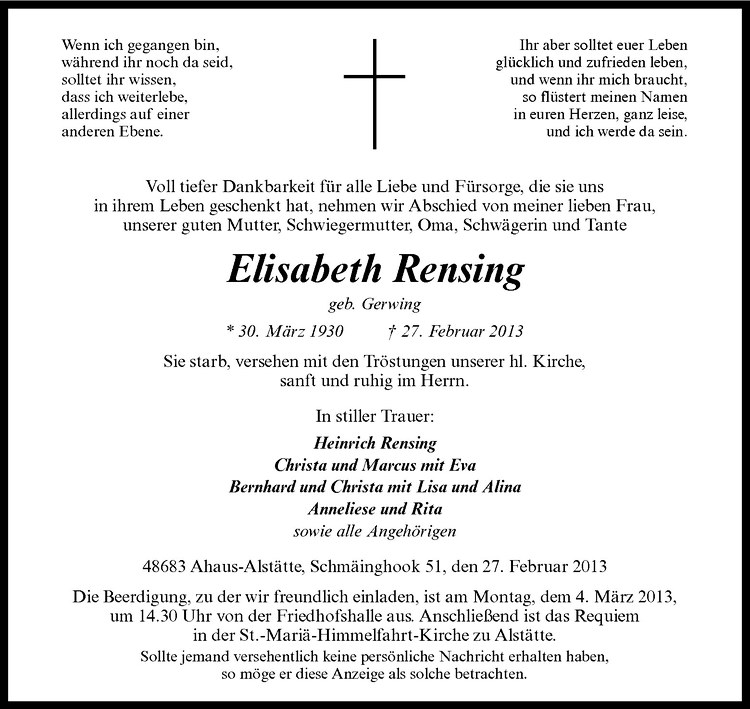  Traueranzeige für Elisabeth Rensing vom 01.03.2013 aus Westfälische Nachrichten