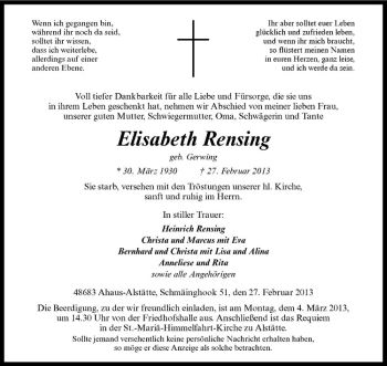 Anzeige von Elisabeth Rensing von Westfälische Nachrichten