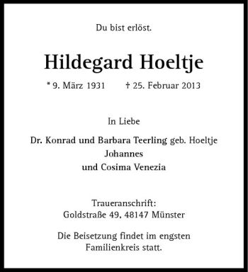 Anzeige von Hildegard Hoeltje von Westfälische Nachrichten