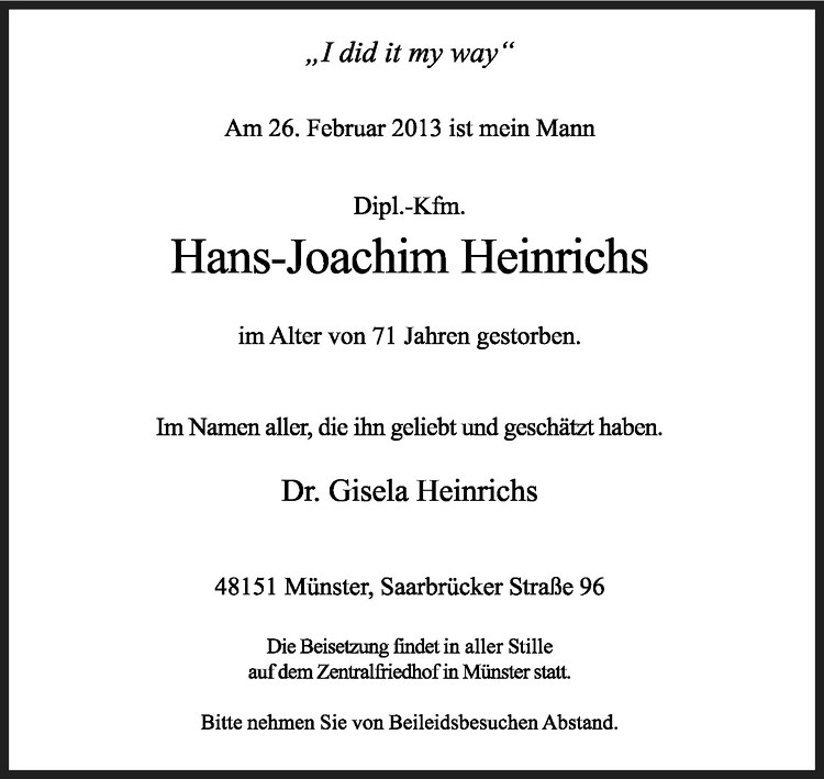  Traueranzeige für Hans-Joachim Heinrichs vom 02.03.2013 aus Westfälische Nachrichten