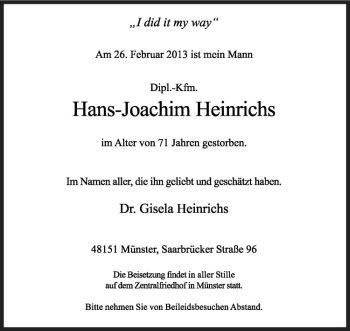 Anzeige von Hans-Joachim Heinrichs von Westfälische Nachrichten