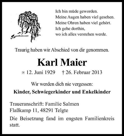  Traueranzeige für Karl Maier vom 04.03.2013 aus Westfälische Nachrichten