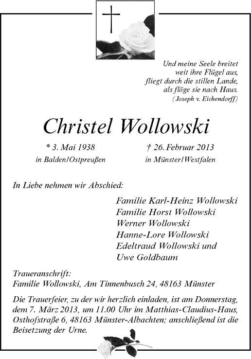  Traueranzeige für Christel Wollowski vom 02.03.2013 aus Westfälische Nachrichten
