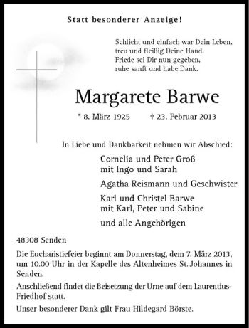 Anzeige von Margarete Barwe von Westfälische Nachrichten