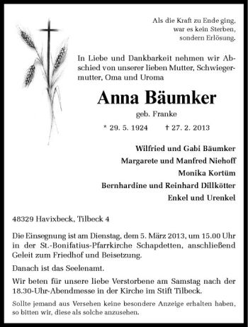 Anzeige von Anna Bäumker von Westfälische Nachrichten