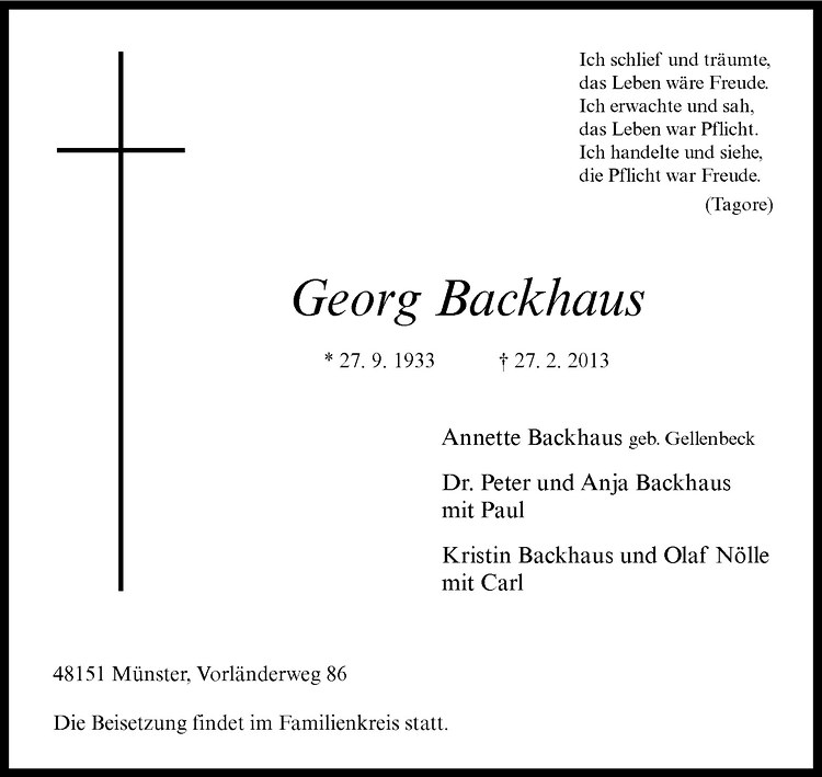  Traueranzeige für Georg Backhaus vom 02.03.2013 aus Westfälische Nachrichten