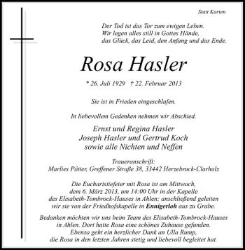Anzeige von Rosa Hasler von Westfälische Nachrichten