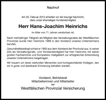 Anzeige von Hans-Joachim Heinrichs von Westfälische Nachrichten