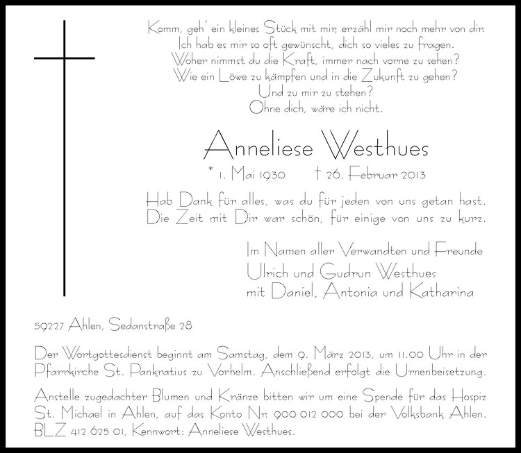  Traueranzeige für Anneliese Westhues vom 02.03.2013 aus Westfälische Nachrichten