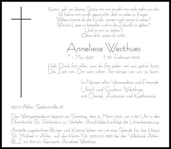 Anzeige von Anneliese Westhues von Westfälische Nachrichten