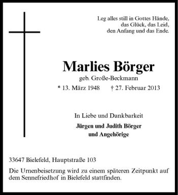 Anzeige von Marlies Börger von Westfälische Nachrichten