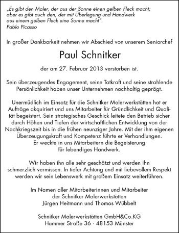 Anzeige von Paul Schnitker von Westfälische Nachrichten