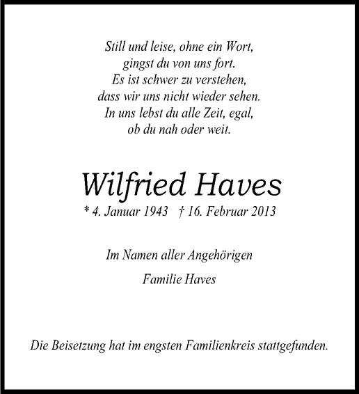  Traueranzeige für Wilfried Haves vom 02.03.2013 aus Westfälische Nachrichten