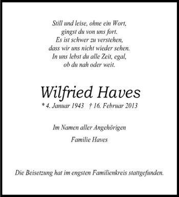 Anzeige von Wilfried Haves von Westfälische Nachrichten