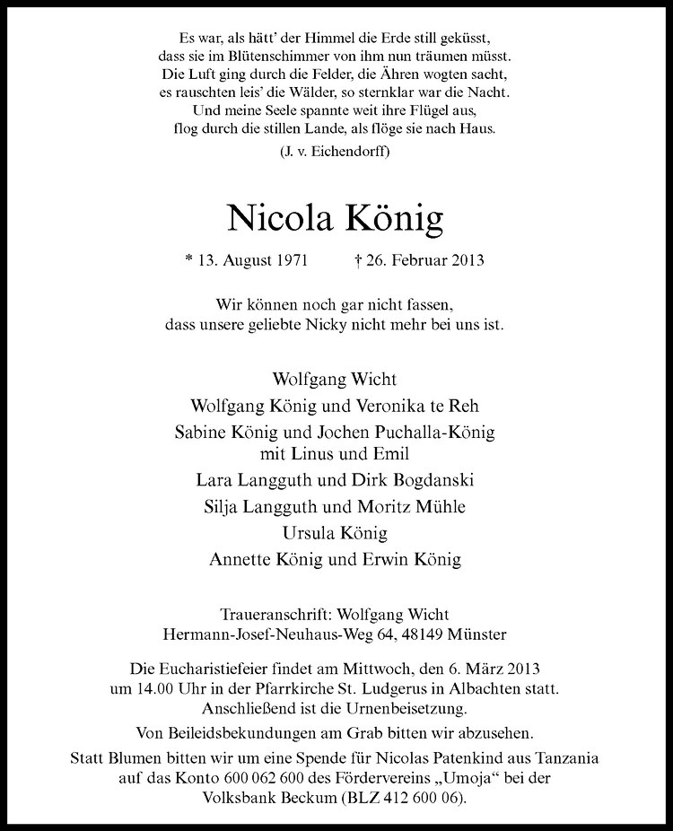  Traueranzeige für Nicola König vom 02.03.2013 aus Westfälische Nachrichten