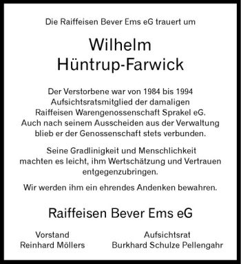 Anzeige von Wilhelm Hüntrup-Farwick von Westfälische Nachrichten